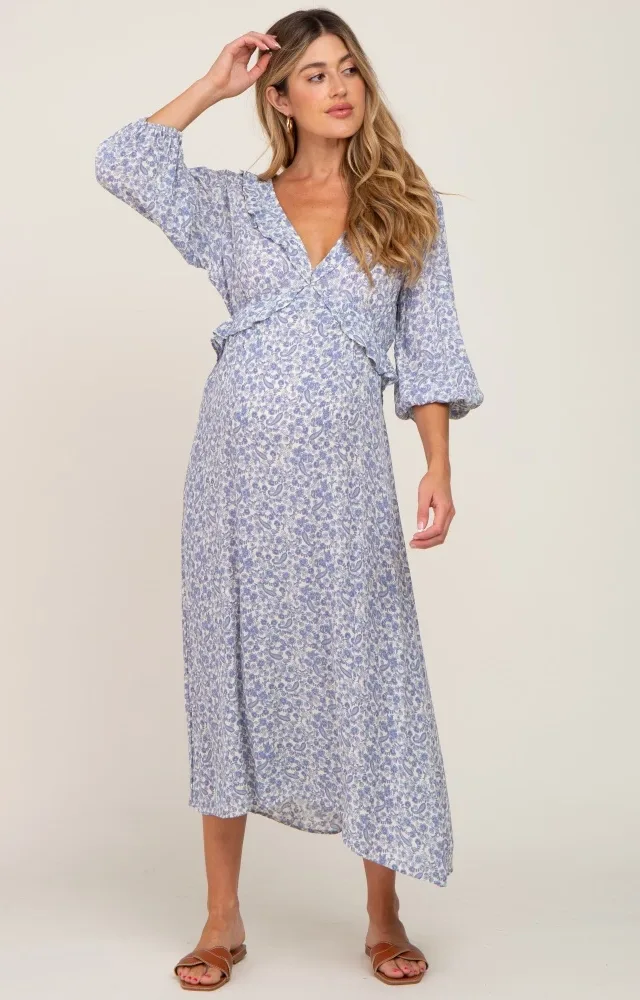 Blue Floral Ruffle V-Neck Maternity Midi Dress