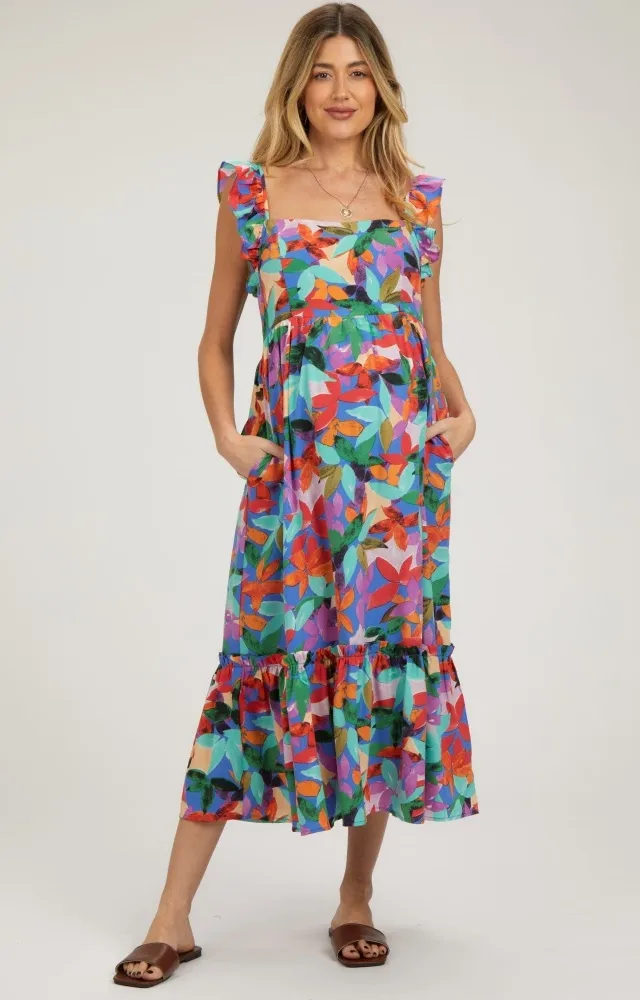 Blue Floral Satin Square Neck Ruffle Strap Maternity Midi Dress