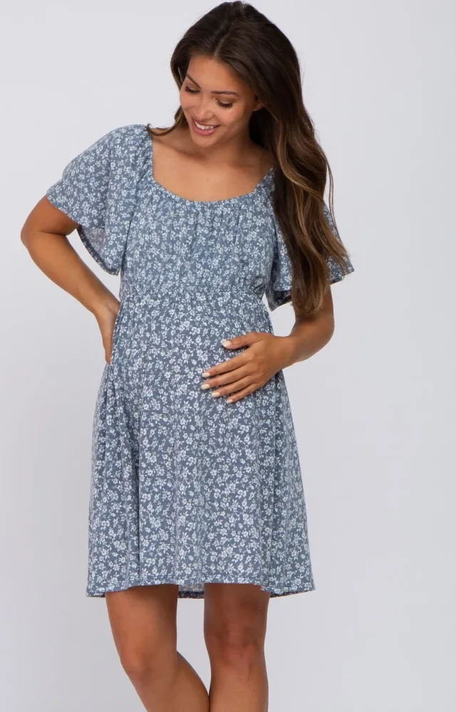 Blue Floral Short Sleeve Maternity Dress