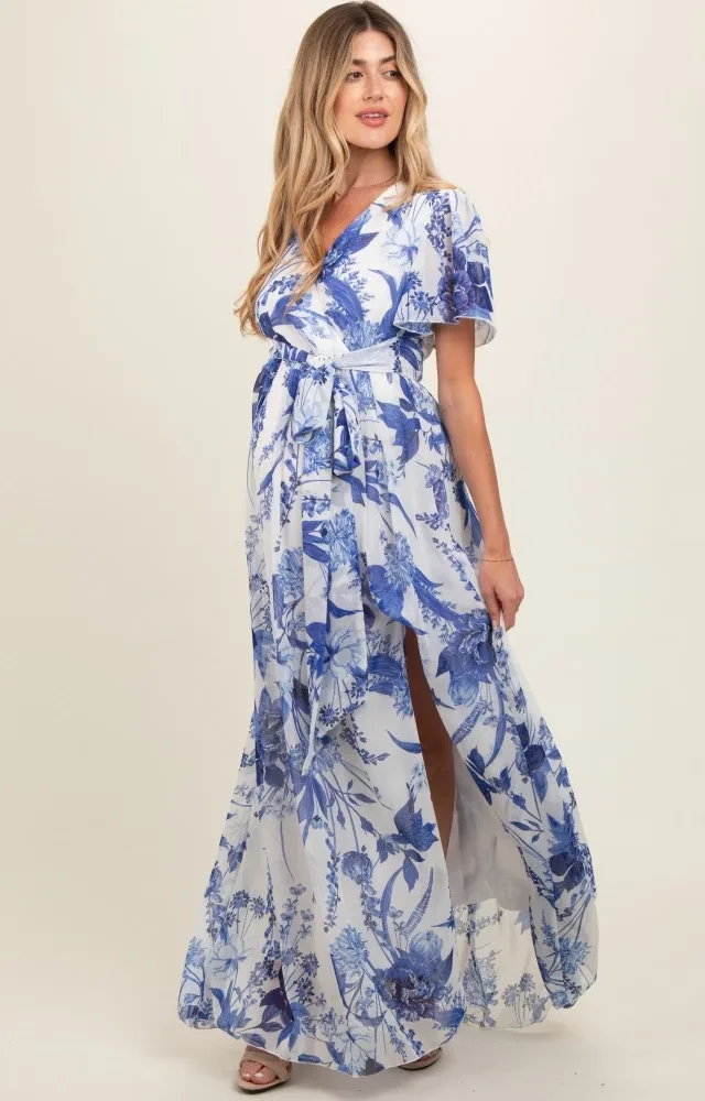 Blue Floral Side Slit Maternity Wrap Maxi Dress