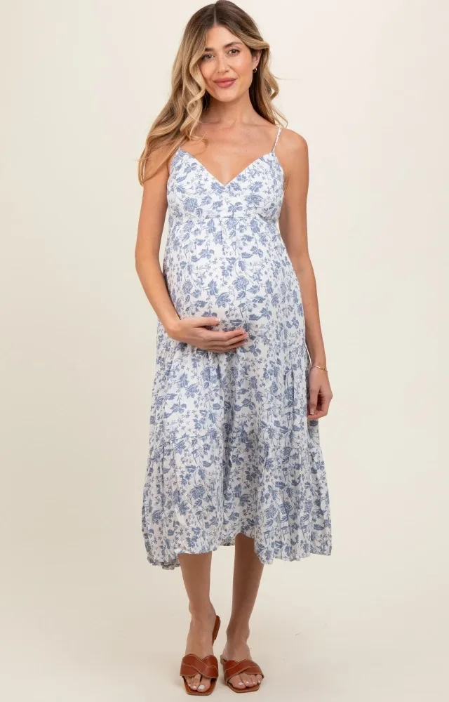 Blue Floral Sleeveless Tiered Maternity Midi Dress