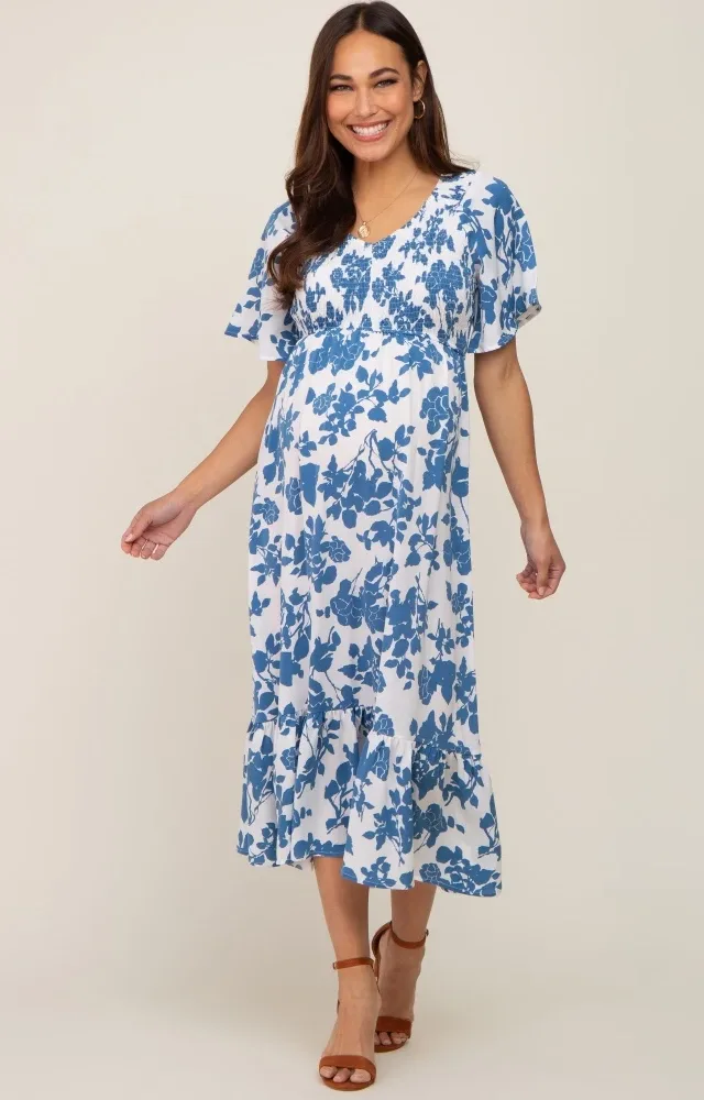 Blue Floral Smocked Maternity Midi Dress