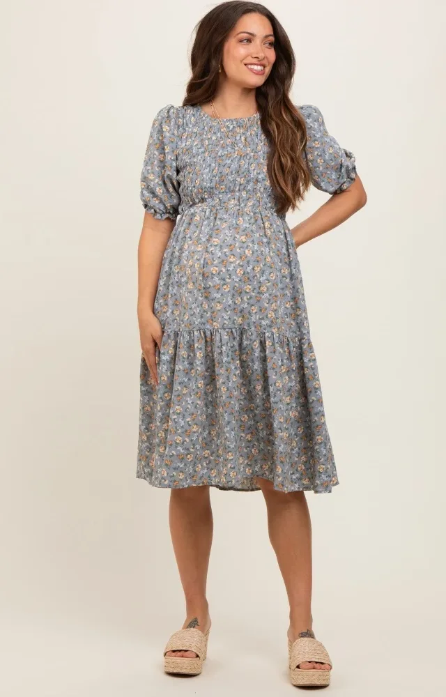 Blue Floral Smocked Maternity Midi Dress