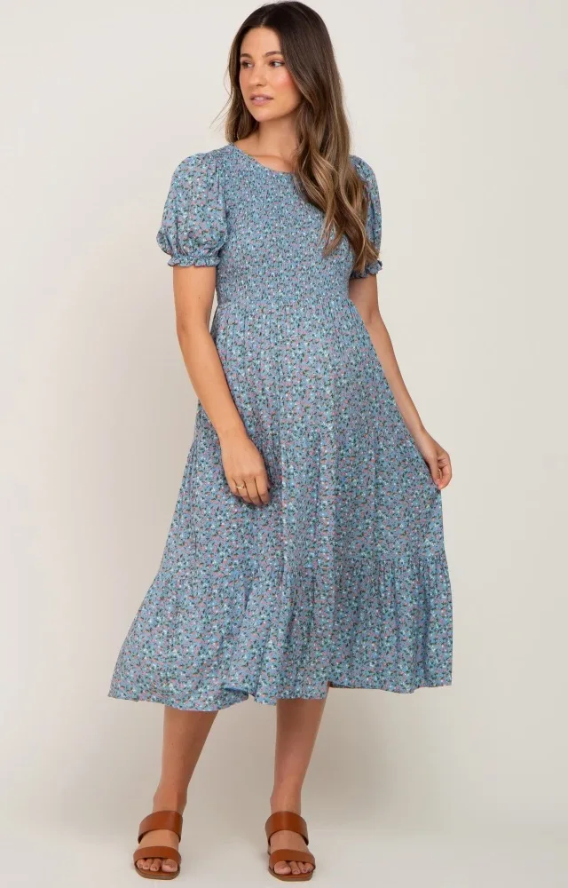 Blue Floral Smocked Maternity Midi Dress