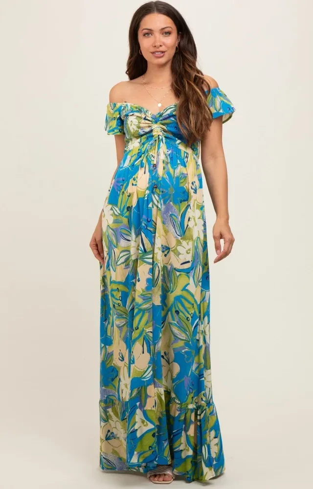 Blue Floral Smocked Off Shoulder Maternity Maxi Dress