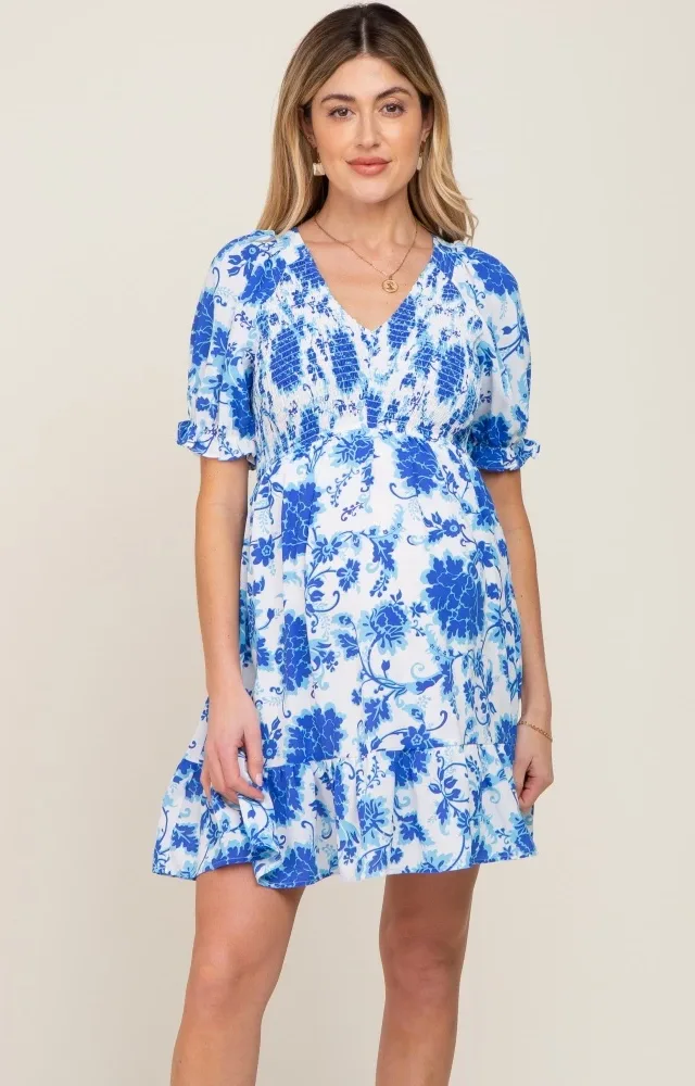 Blue Floral Smocked Puff Sleeve Maternity Dress