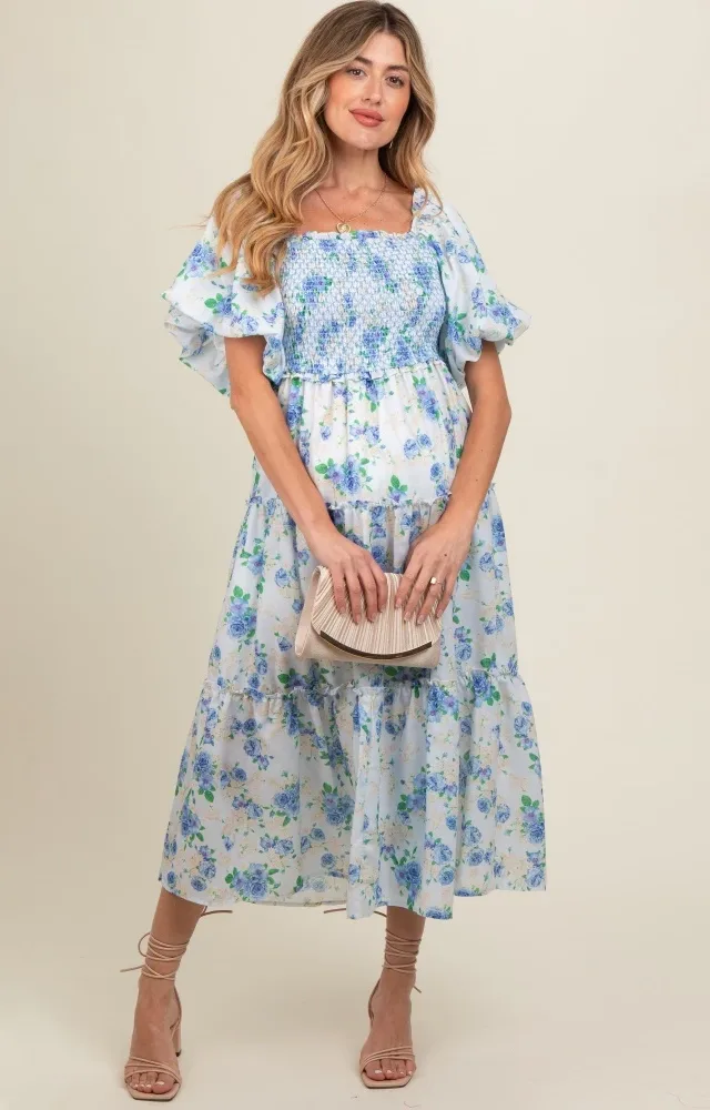 Blue Floral Smocked Puff Sleeve Maternity Midi Dress