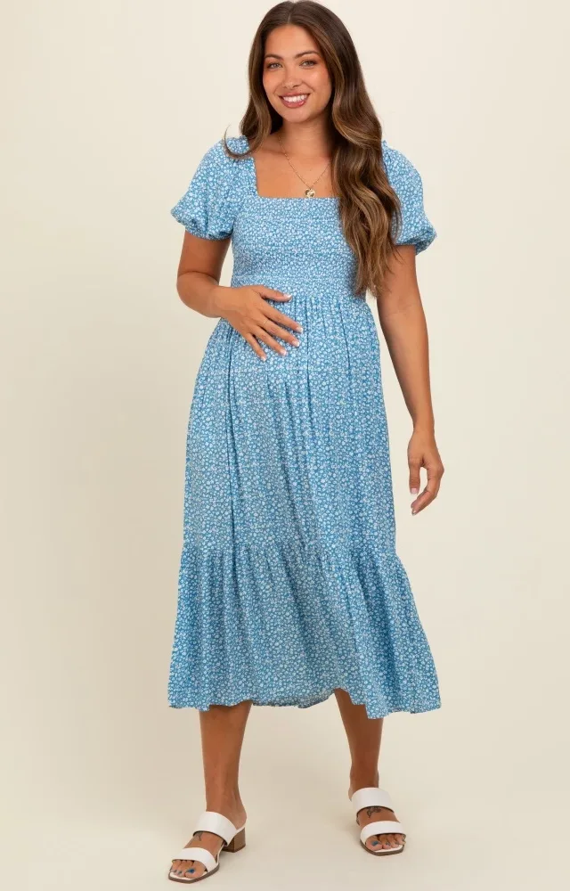 Blue Floral Smocked Ruffle Hem Maternity Midi Dress