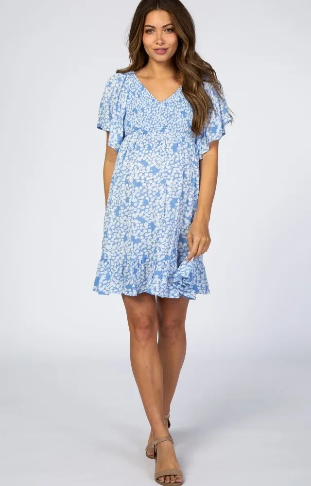 Blue Floral Smocked Ruffle Maternity Dress