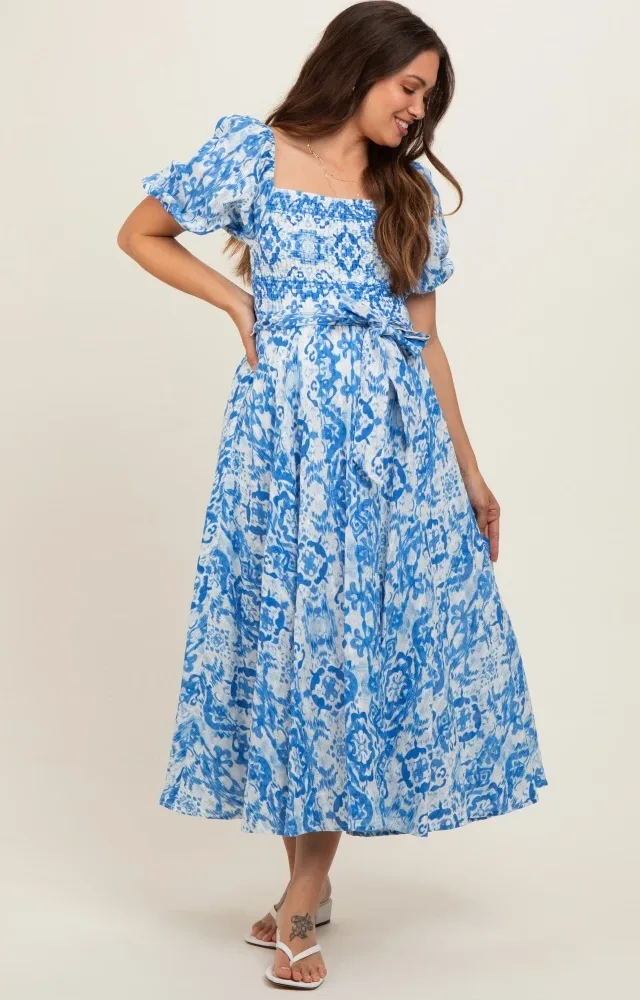 Blue Floral Smocked Short Puff Sleeve Maternity Midi Dress