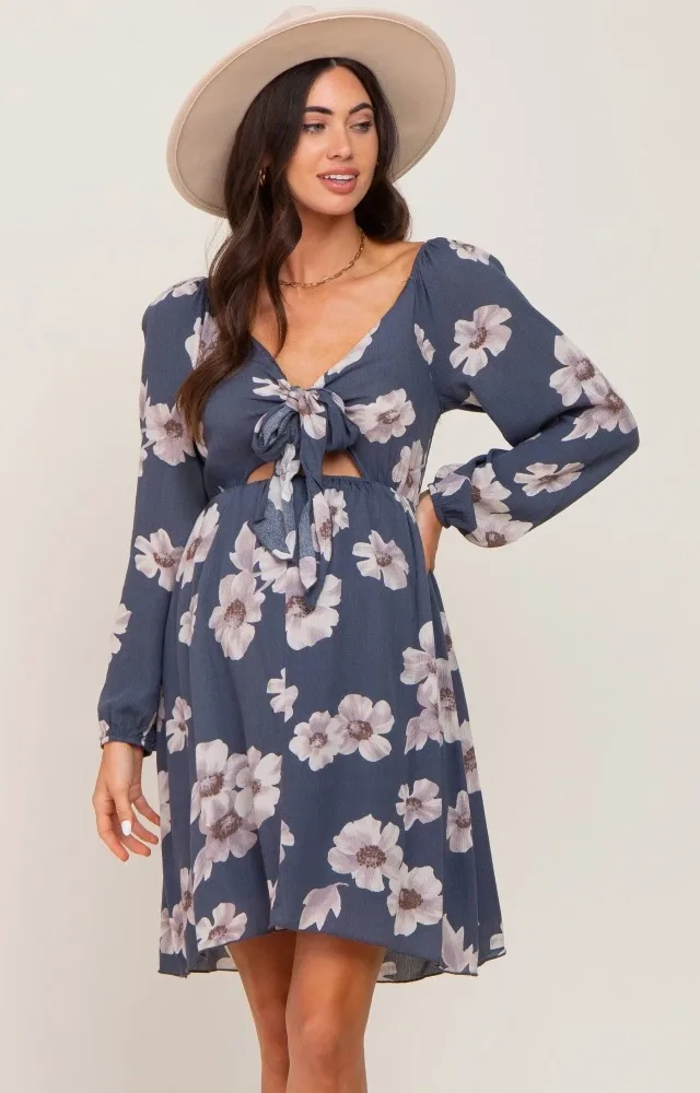 Blue Floral Smocked Tie Back Maternity Dress