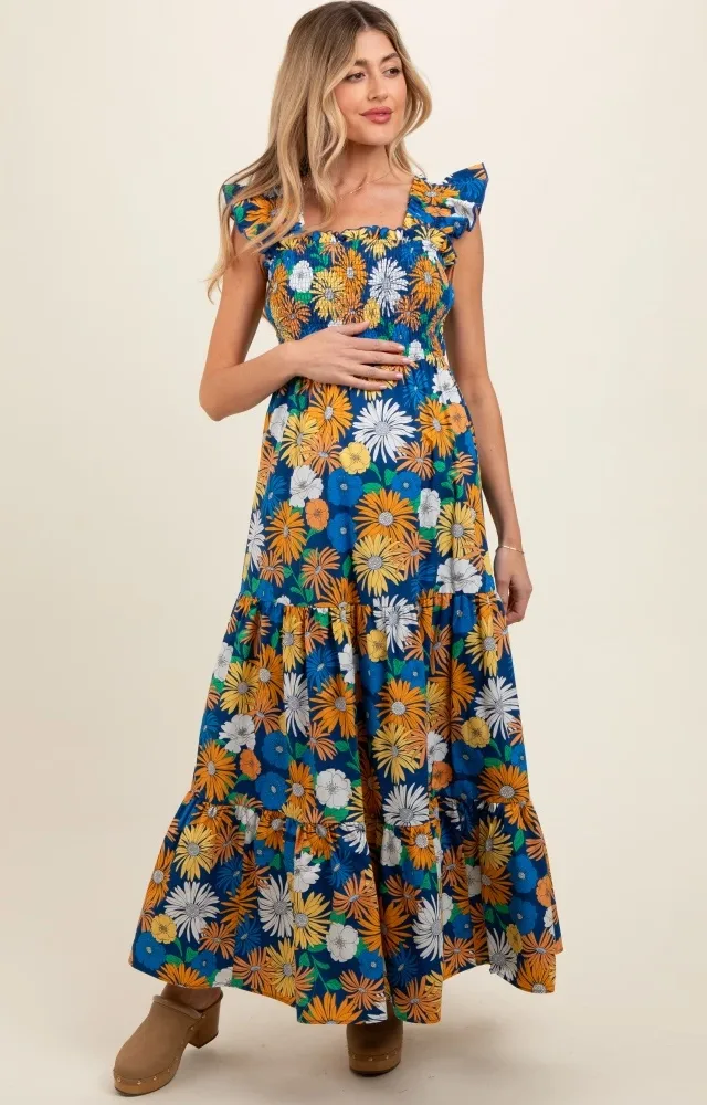 Blue Floral Smocked Tiered Maternity Maxi Dress