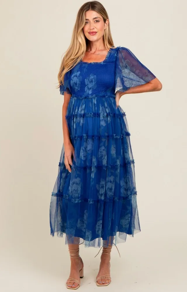 Blue Floral Smocked Tulle Maternity Maxi Dress