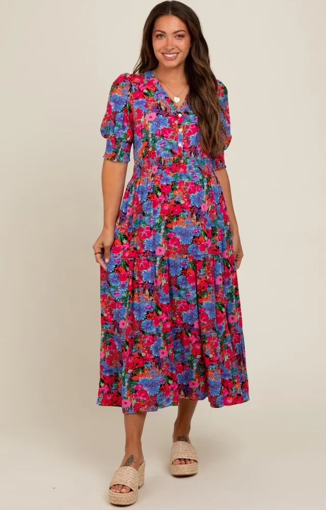 Blue Floral Smocked Waist Maternity Midi Dress