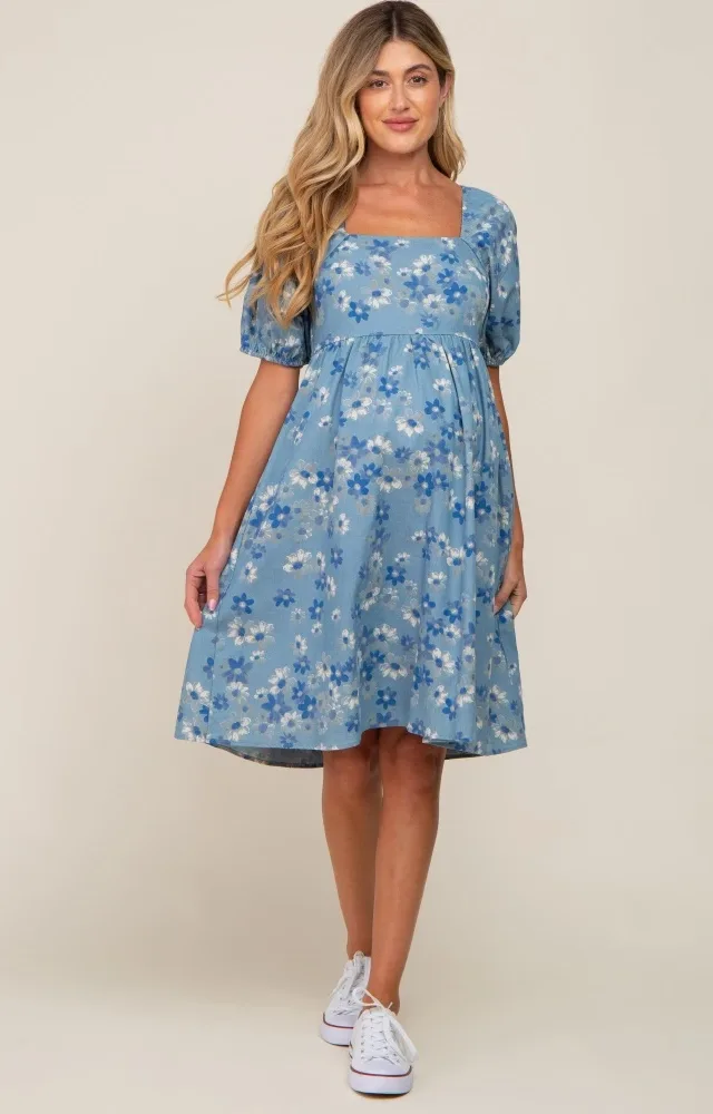 Blue Floral Square Neck Denim Maternity Dress