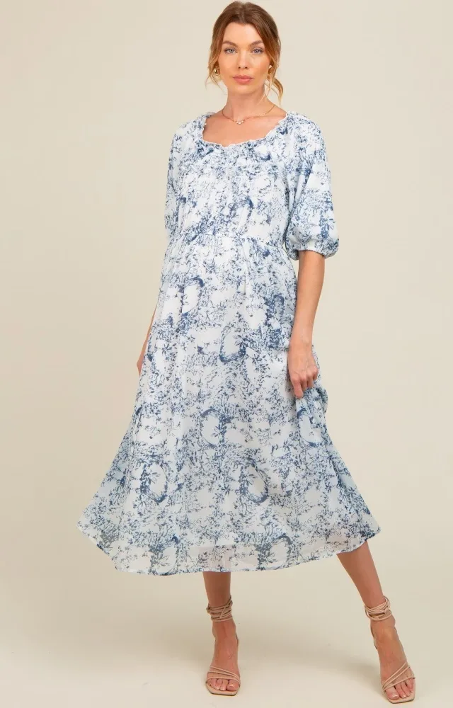 Blue Floral Square Neck Short Puff Sleeve Maternity Midi Dress