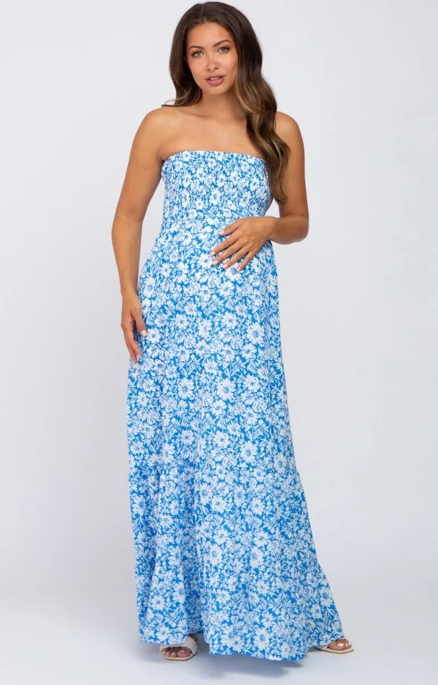 Blue Floral Strapless Smocked Maternity Maxi Dress