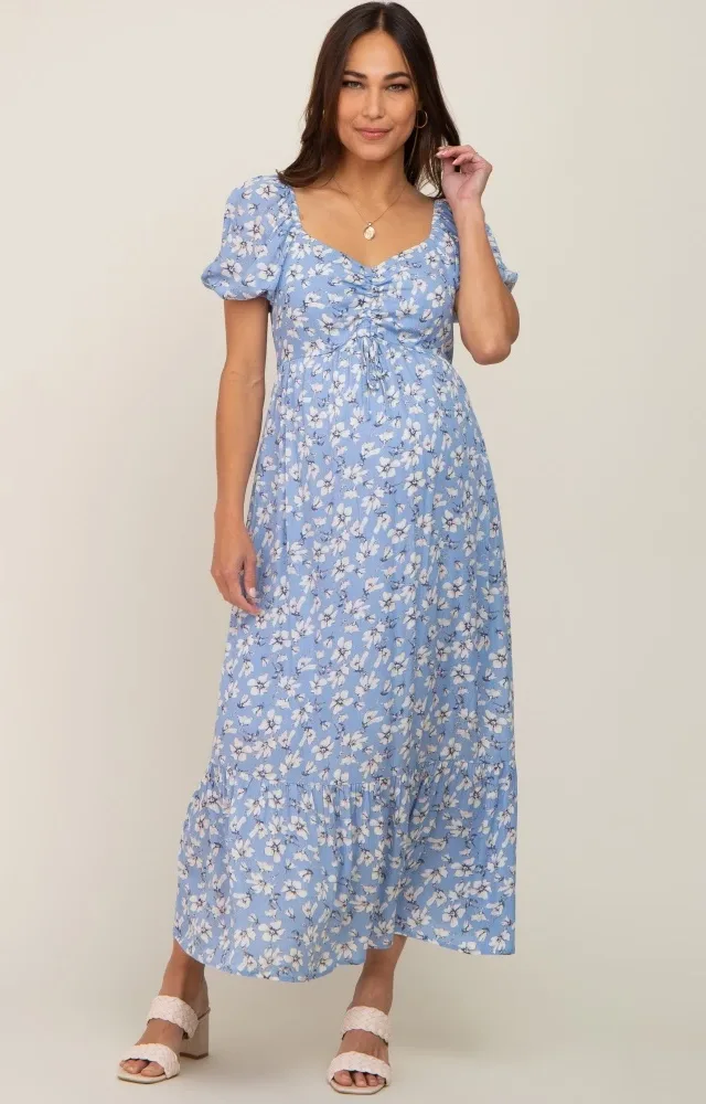 Blue Floral Sweetheart Drawstring Neck Short Sleeve Maternity Midi Dress