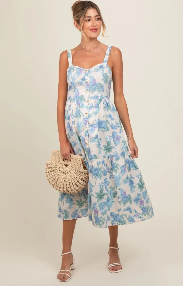 Blue Floral Sweetheart Neck Button Front Maternity Midi Dress