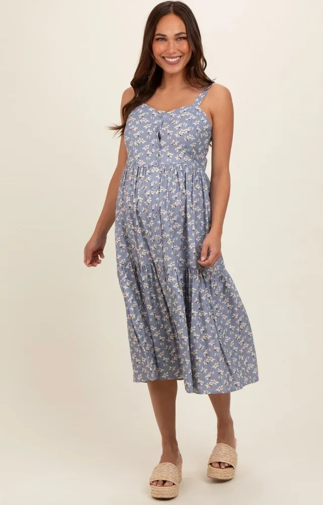 Blue Floral Sweetheart Neck Button Front Ruffle Maternity Midi Dress