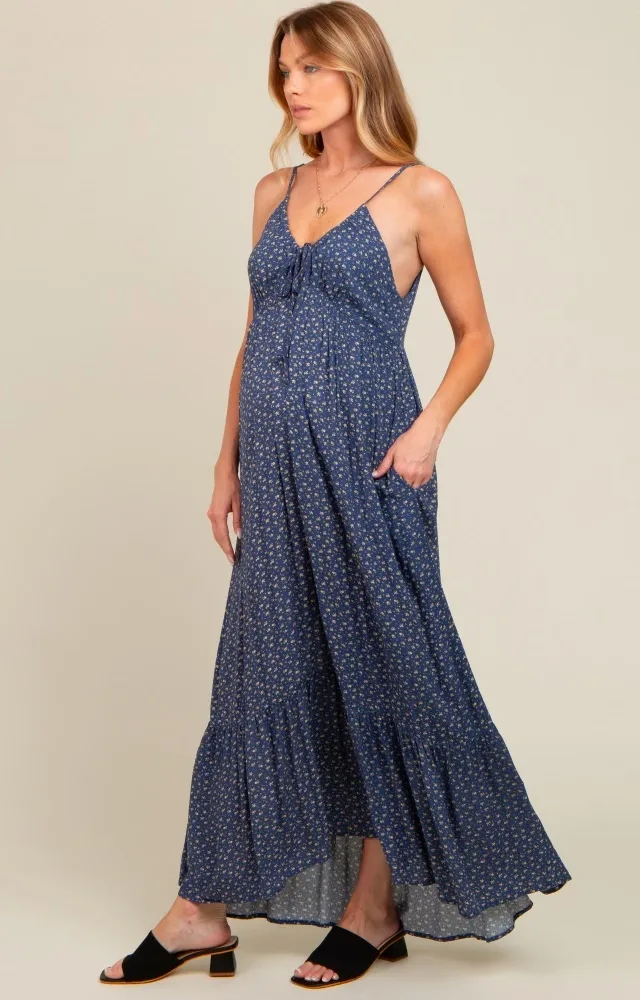 Blue Floral Tie Front Maternity Maxi Dress