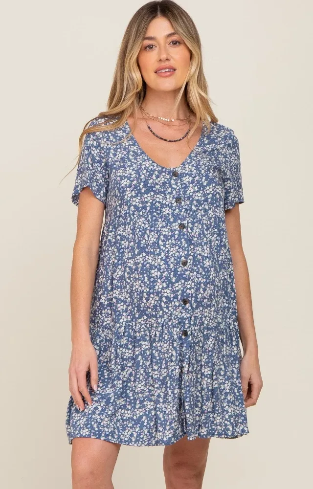 Blue Floral Tiered Button Accent Maternity Dress