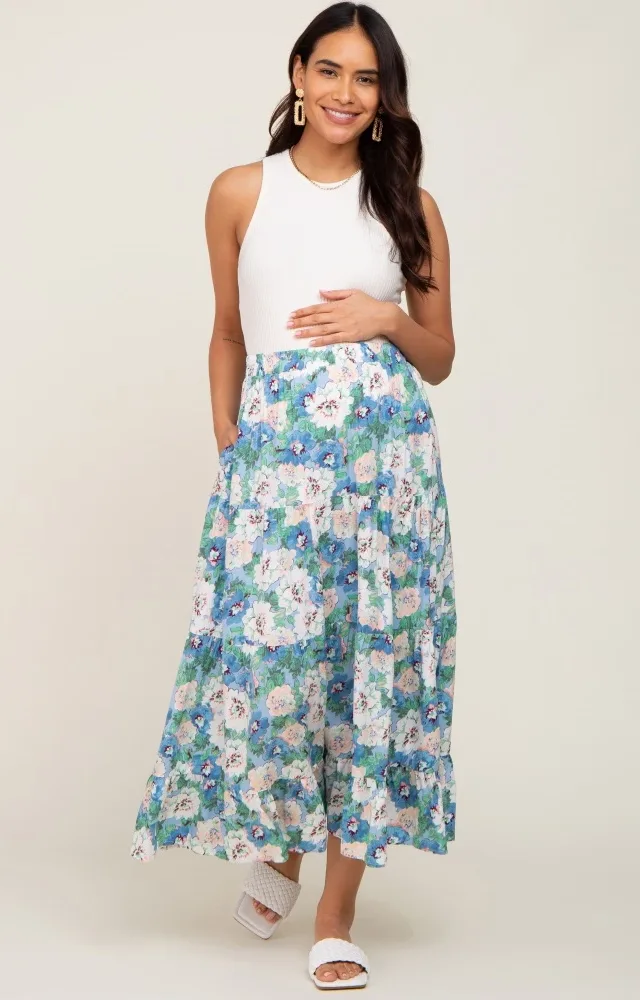 Blue Floral Tiered Maternity Maxi Skirt