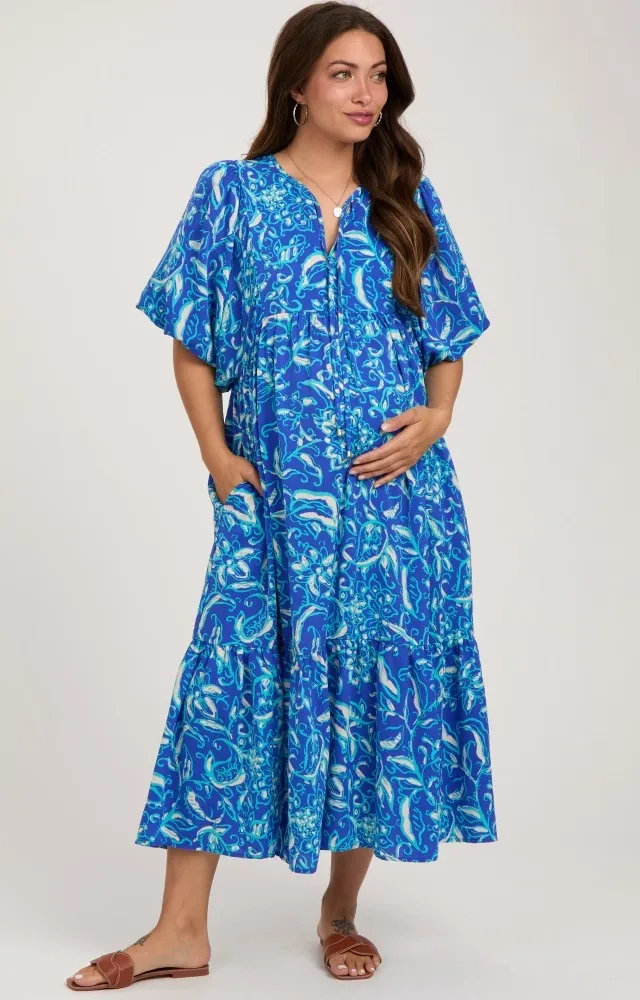 Blue Floral Tiered Maternity Midi Dress