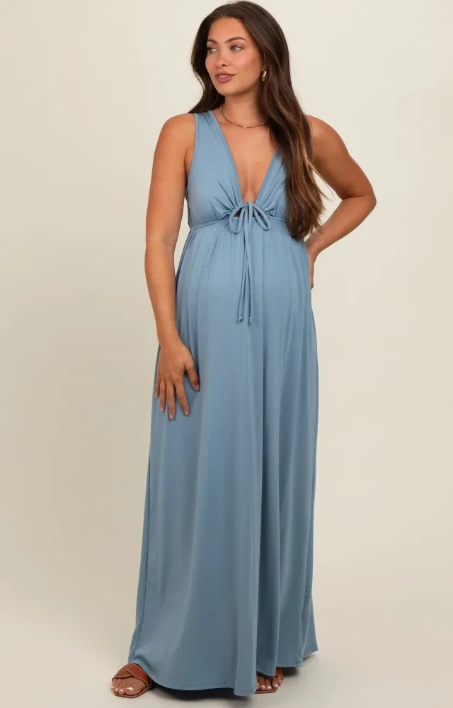 Blue Front Tie Cutout Sleeveless Maternity Maxi Dress