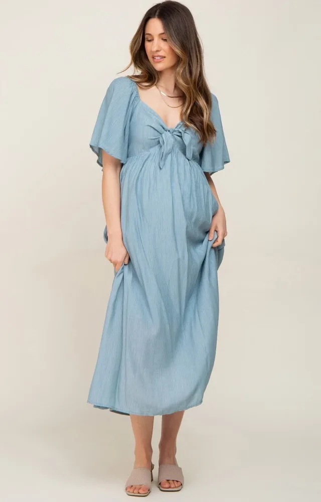 Blue Front Tie Ruffle Sleeve Maternity Midi Dress