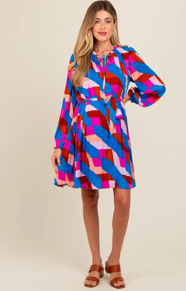 Blue Geometric Front Tie Long Puff Sleeve Maternity Dress