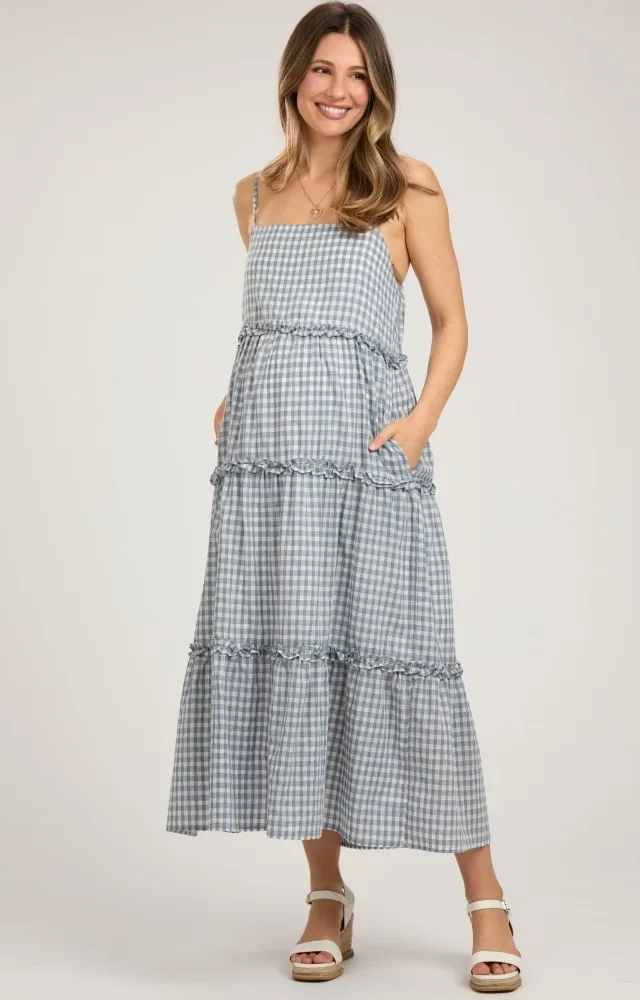 Blue Gingham Ruffle Tiered Maternity Midi Dress