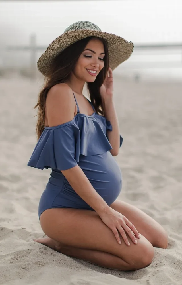 Blue Grey One-Piece Maternity Swimsuit