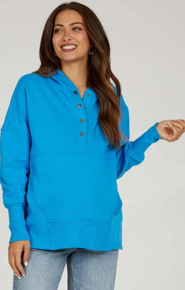 Blue Hooded Button Pullover Maternity Sweater