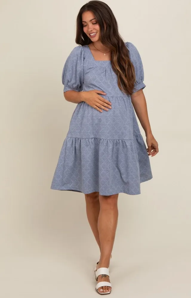 Blue Jacquard Tiered Maternity Dress