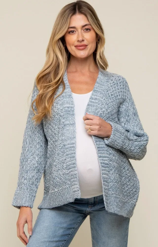 Blue Knit Cuffed Maternity Cardigan