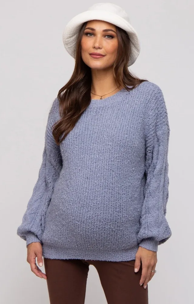 Blue Knit Puff Sleeve Maternity Sweater