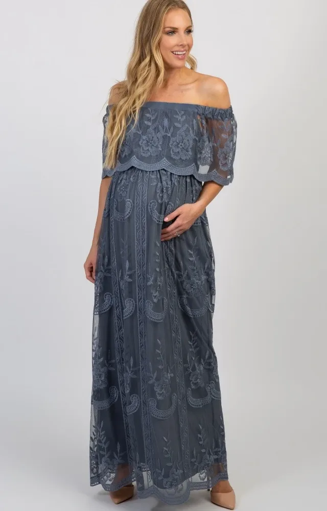 Blue Lace Off Shoulder Maternity Dress