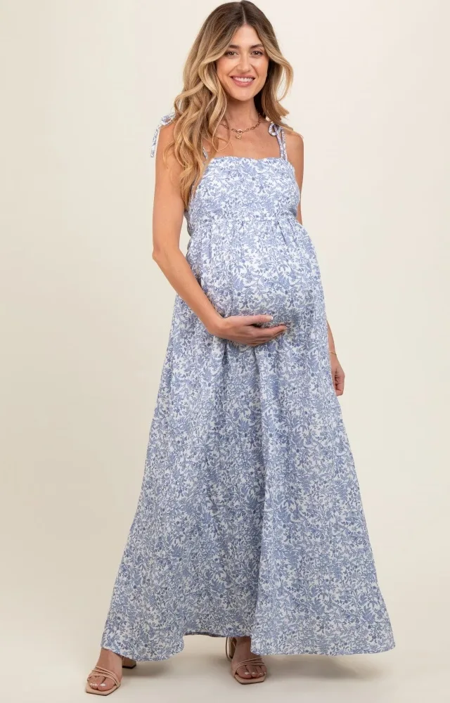 Blue Leaf Print Shoulder Strap Maternity Maxi Dress