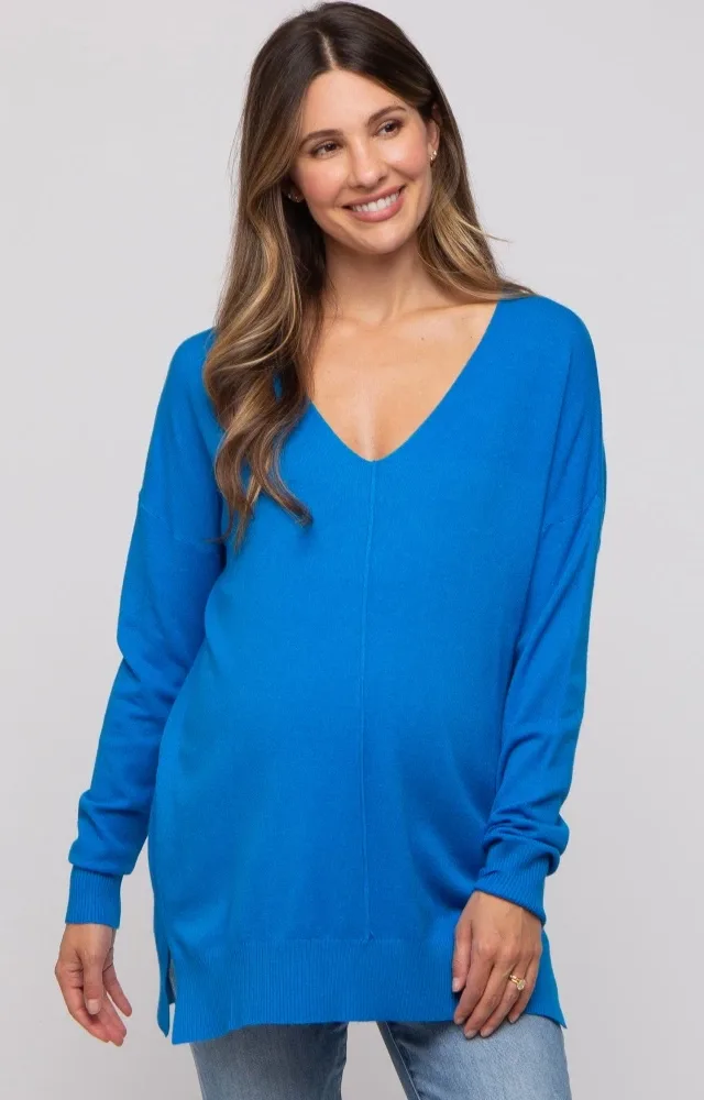 Blue Long Sleeve Side Slit Maternity Sweater