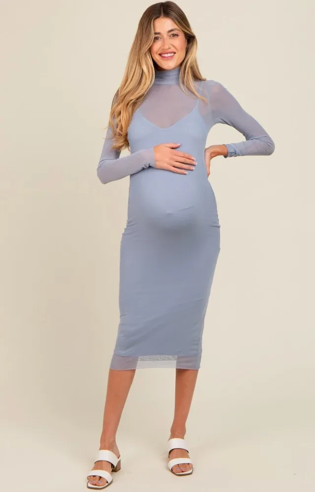 Blue Mesh Overlay Fitted Maternity Midi Dress