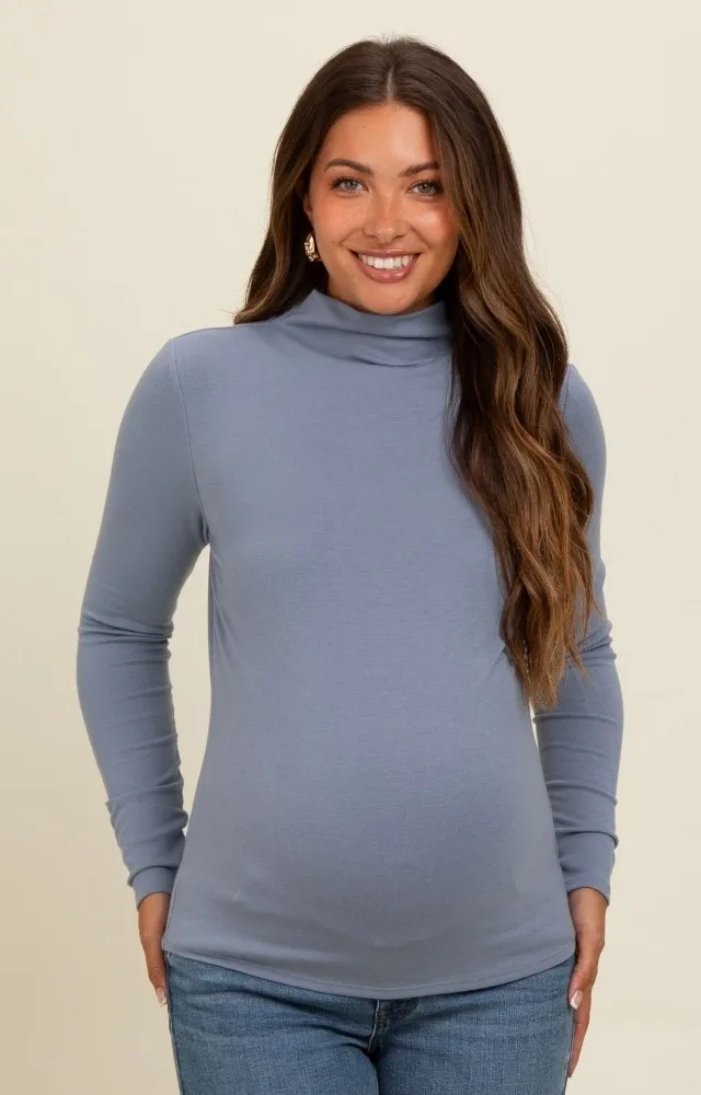 Blue Mock Neck Maternity Long Sleeve Top