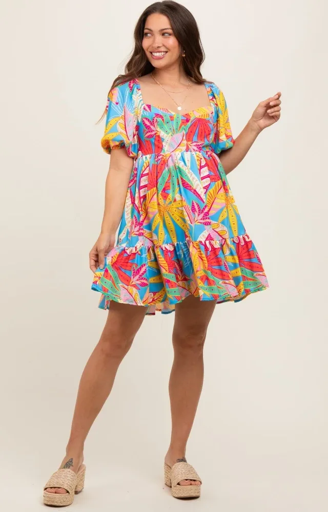 Blue Multicolor Print Puff Sleeve Maternity Dress