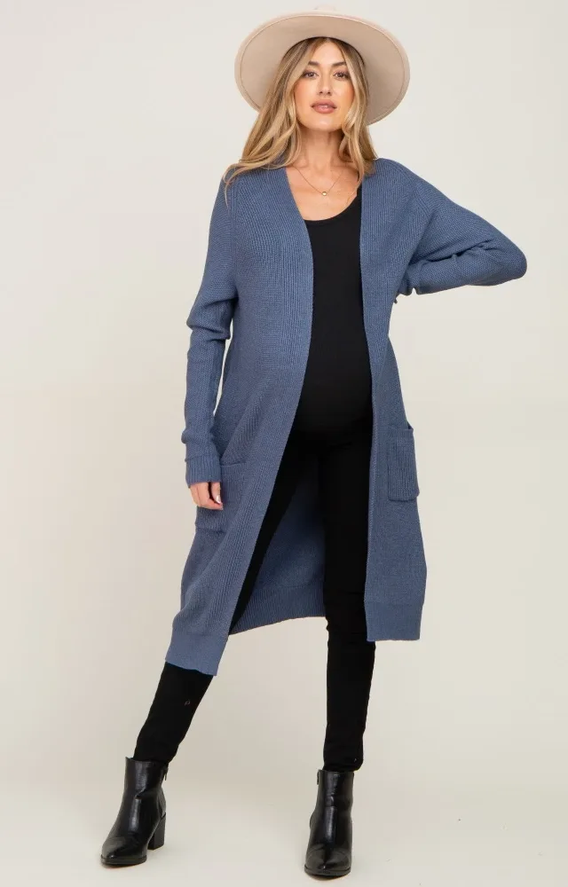 Blue Open Front Long Maternity Cardigan