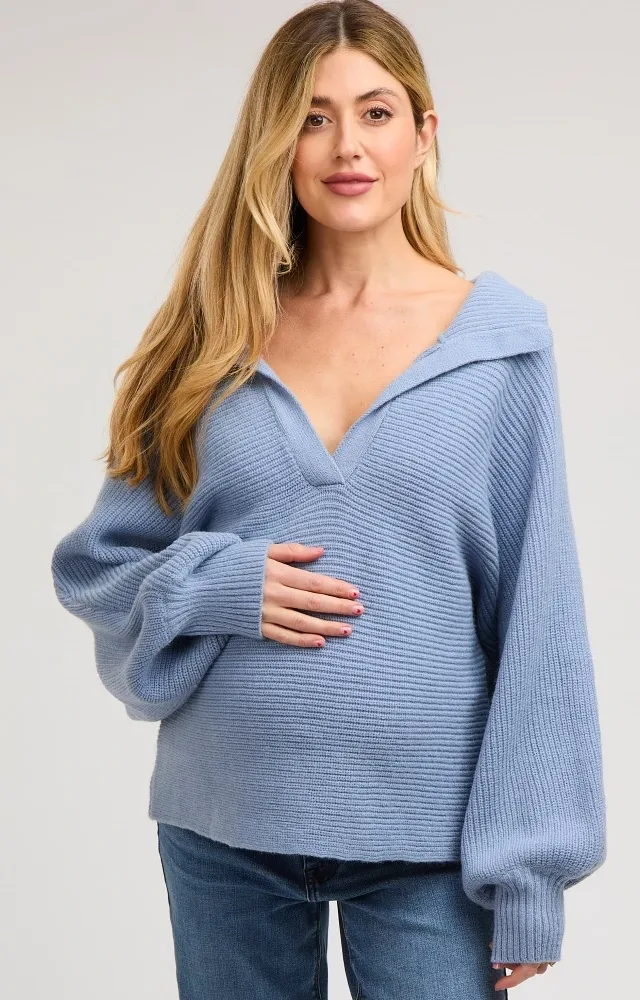 Blue Oversize Collared Knit Maternity Sweater