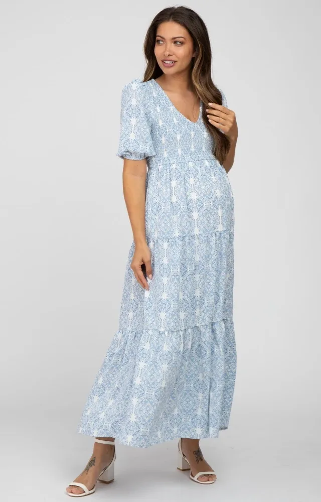 Blue Paisley Smocked Tiered Maternity Maxi Dress