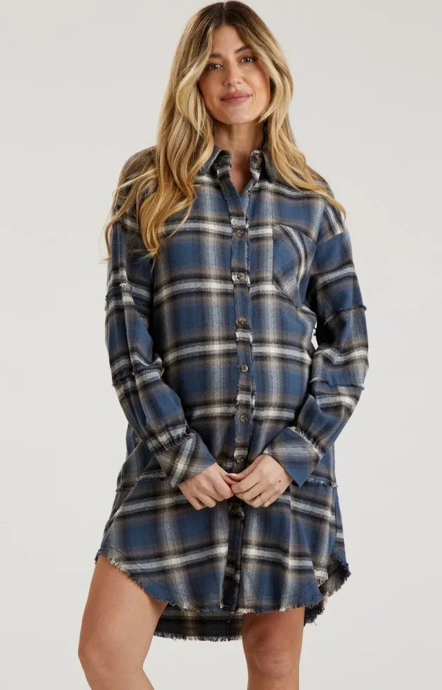 Blue Plaid Button Down Raw Hem Maternity Dress