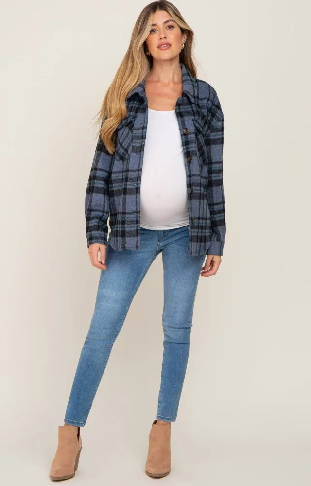 Blue Plaid Front Pocket Maternity Shacket