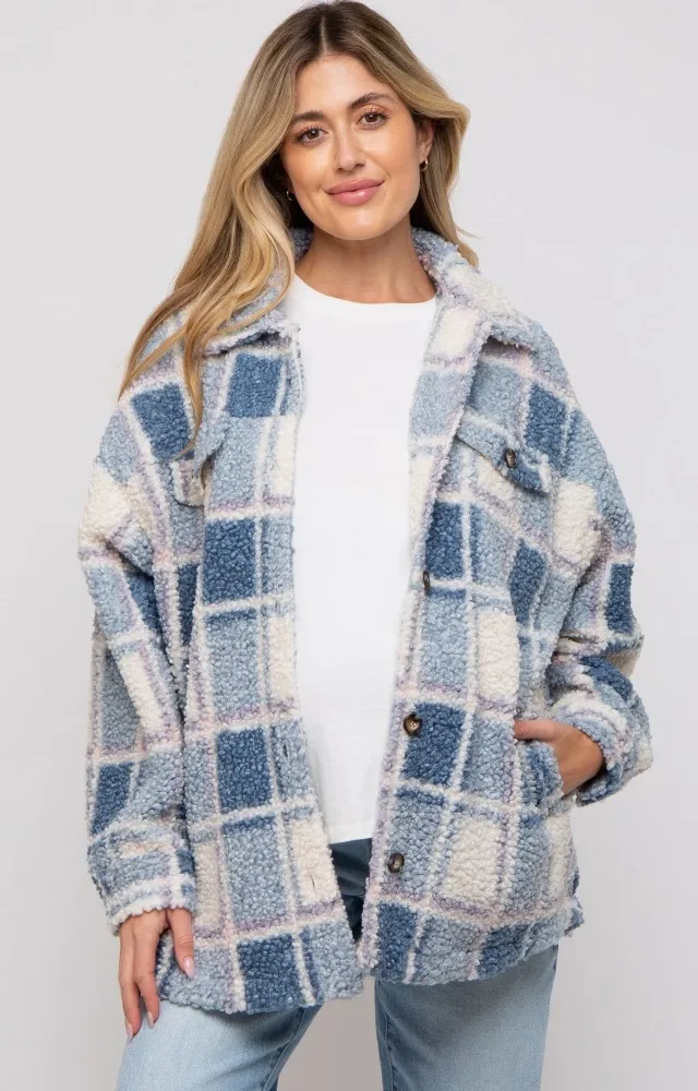 Blue Plaid Sherpa Maternity Jacket