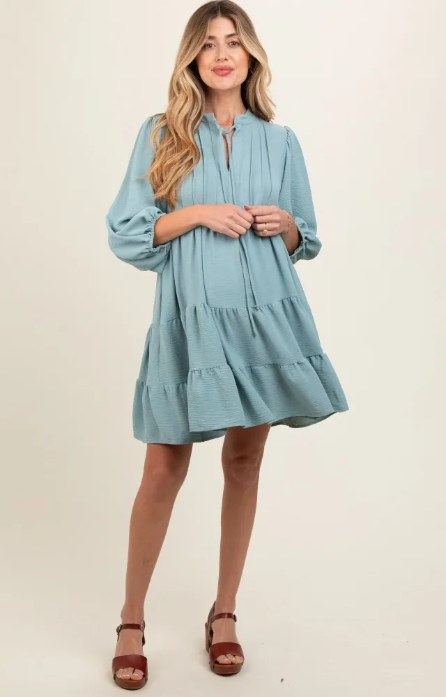 Blue Pleated Front Tie Tiered Maternity Dress